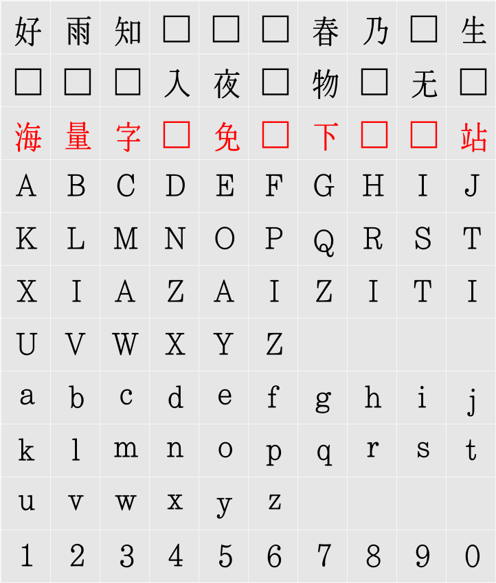 KBIZ한마음명조 M 字符映射表