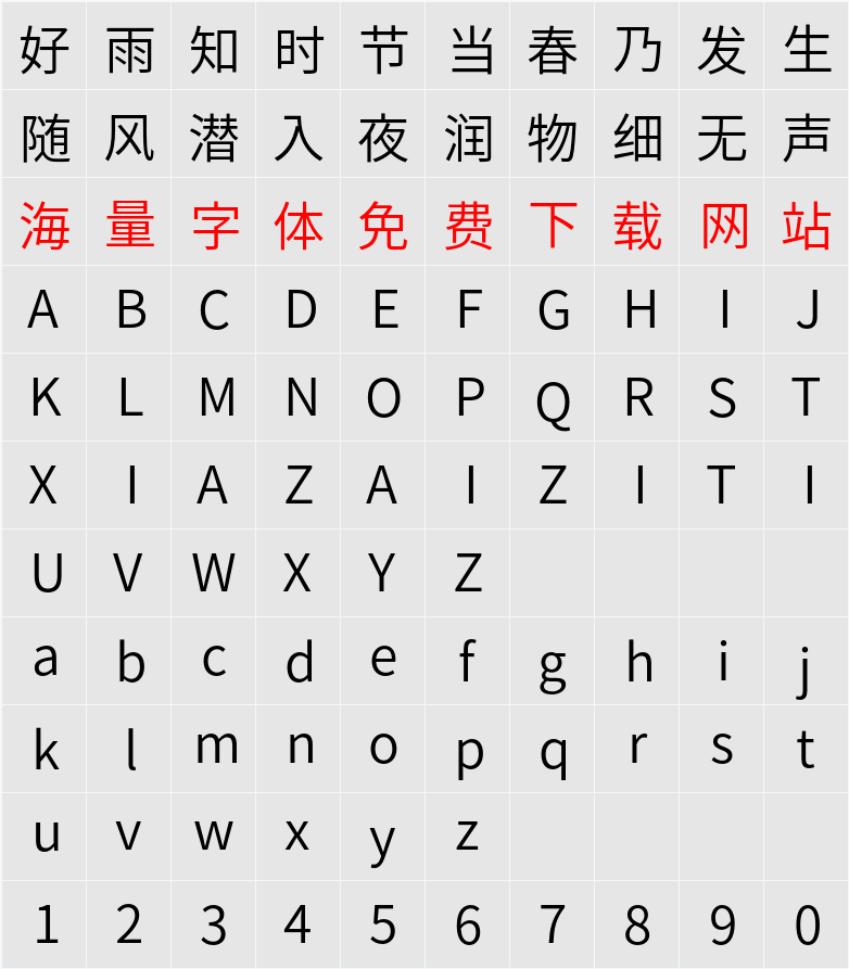Noto Sans CJK JP DemiLight 字符映射表