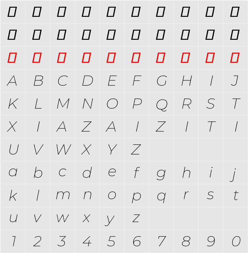 Montserrat ExtraLight 字符映射表