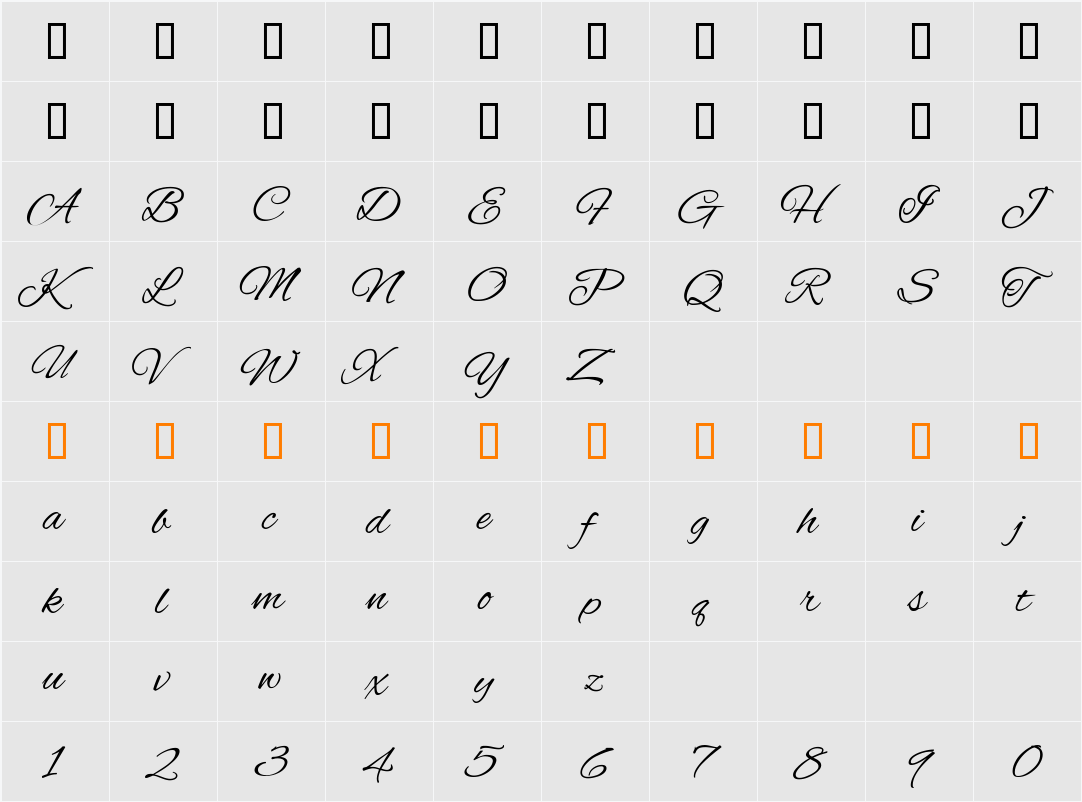 Alex Brush 字符映射表
